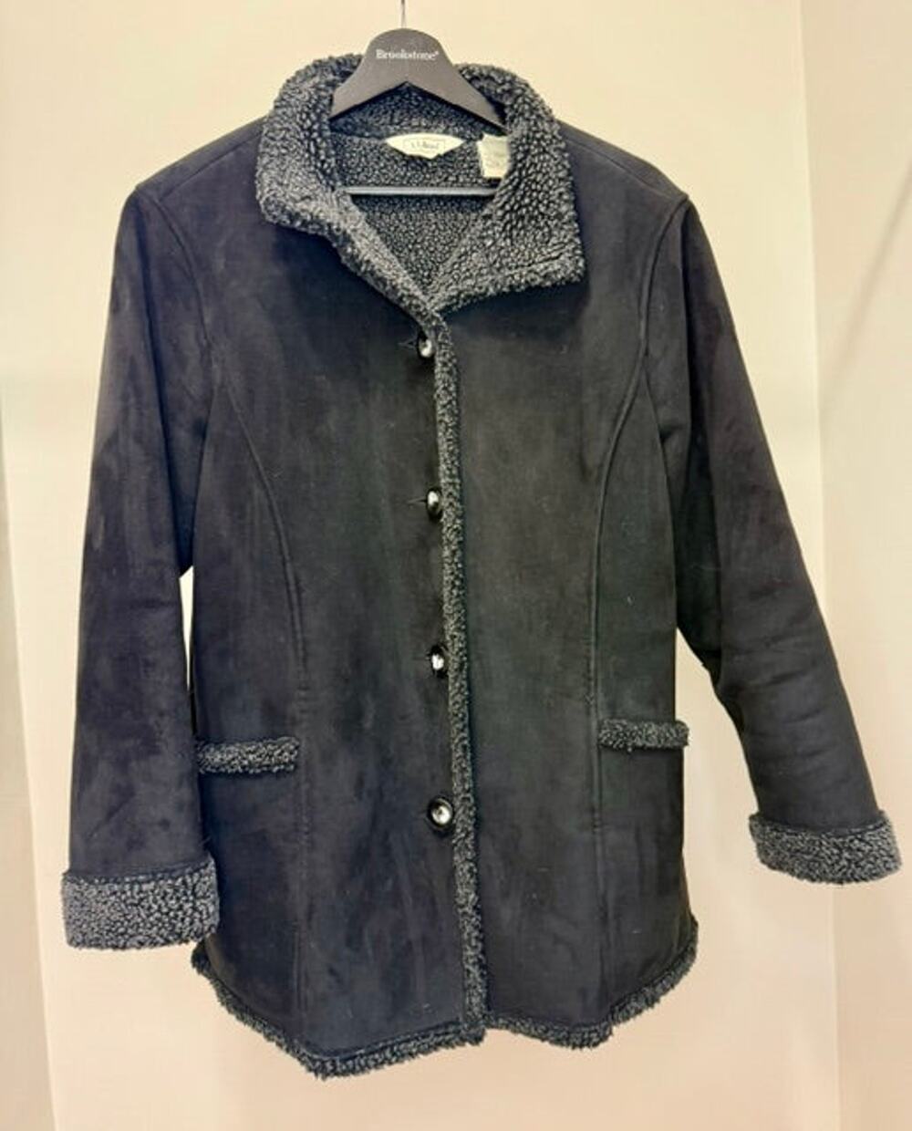 L.L. Bean Sherpa Lined Faux Suede Shearling Black Jacket Coat SzM